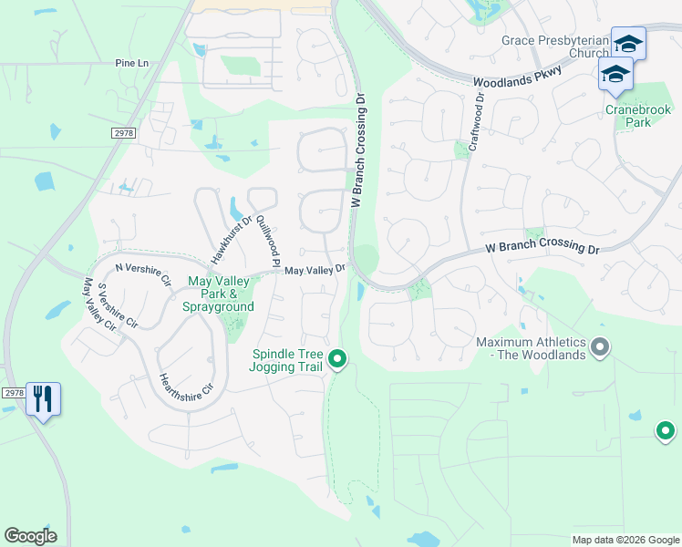 map of restaurants, bars, coffee shops, grocery stores, and more near 182 East Spindle Tree Circle in Spring