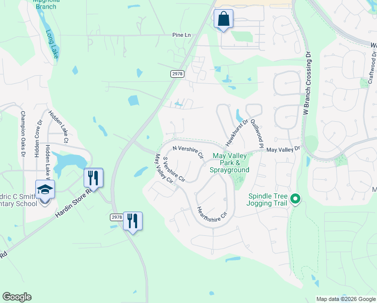 map of restaurants, bars, coffee shops, grocery stores, and more near 210 North Vershire Circle in Magnolia