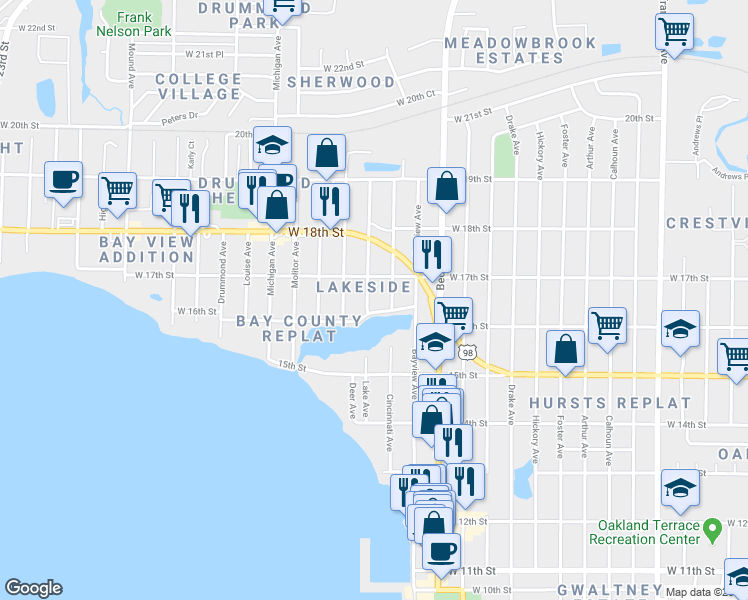 map of restaurants, bars, coffee shops, grocery stores, and more near 1611 Cincinnati Avenue in Panama City