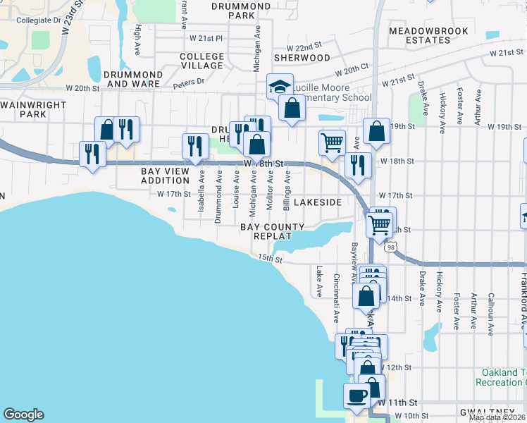 map of restaurants, bars, coffee shops, grocery stores, and more near 1612 Michigan Avenue in Panama City