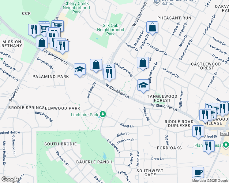 map of restaurants, bars, coffee shops, grocery stores, and more near 2901 West Slaughter Lane in Austin