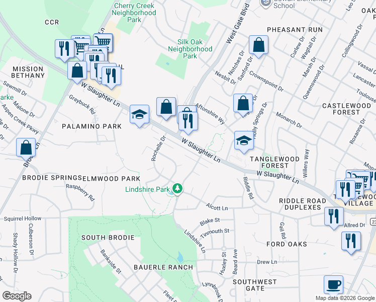 map of restaurants, bars, coffee shops, grocery stores, and more near 3003 West Slaughter Lane in Austin