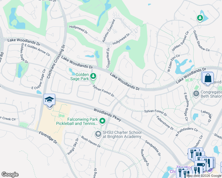 map of restaurants, bars, coffee shops, grocery stores, and more near 13 Cottage Grove Place in The Woodlands