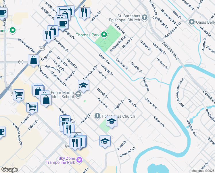 map of restaurants, bars, coffee shops, grocery stores, and more near 507 Genevieve Drive in Lafayette