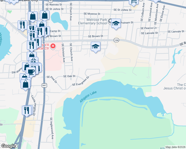 map of restaurants, bars, coffee shops, grocery stores, and more near 918 Southeast Evergreen Drive in Lake City