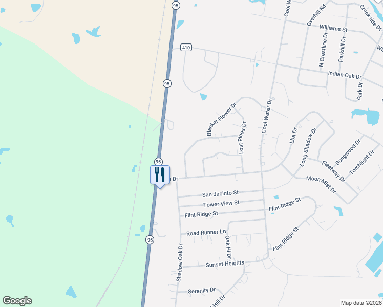 map of restaurants, bars, coffee shops, grocery stores, and more near 126 Blanket Flower Drive in Bastrop