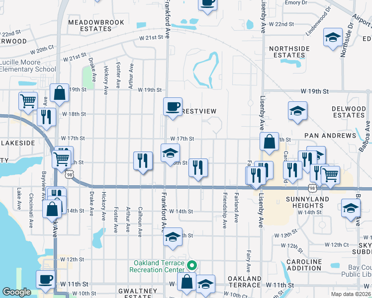 map of restaurants, bars, coffee shops, grocery stores, and more near 1617 Fountain Avenue in Panama City