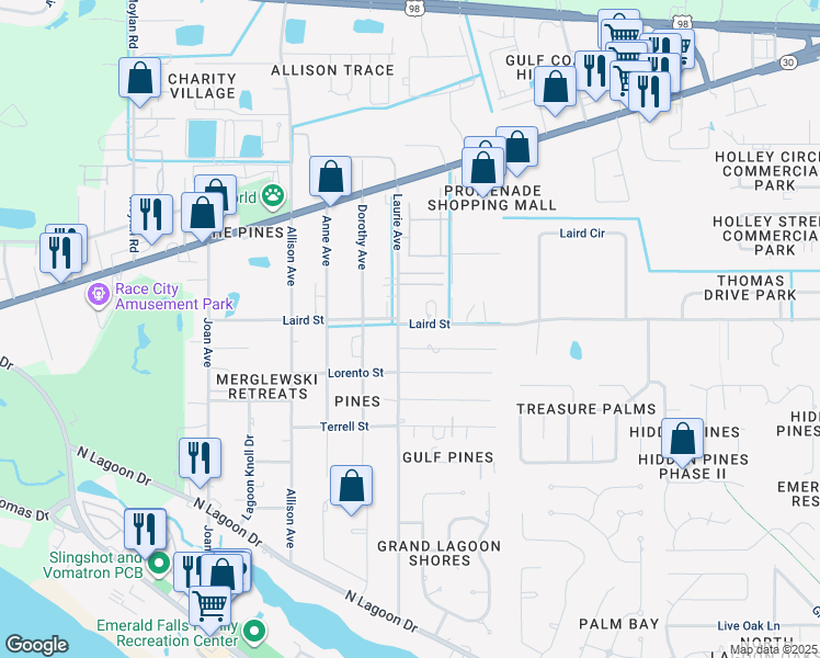 map of restaurants, bars, coffee shops, grocery stores, and more near 8621 Laird Street in Panama City