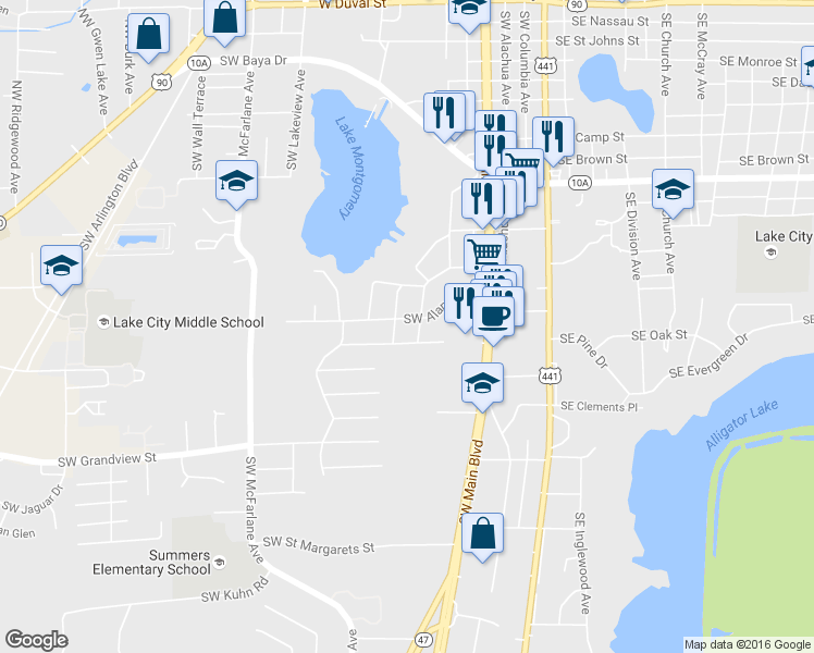 map of restaurants, bars, coffee shops, grocery stores, and more near 587 Southwest Alamo Drive in Lake City