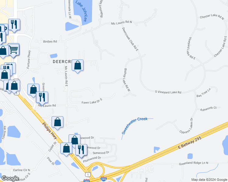 map of restaurants, bars, coffee shops, grocery stores, and more near 7751 Fawn Lake Drive South in Jacksonville