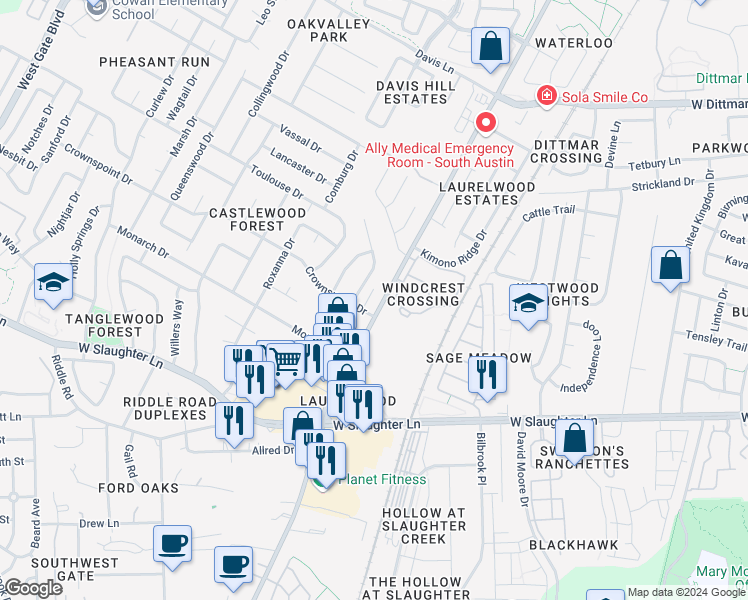 map of restaurants, bars, coffee shops, grocery stores, and more near 9400 Menchaca Road in Austin