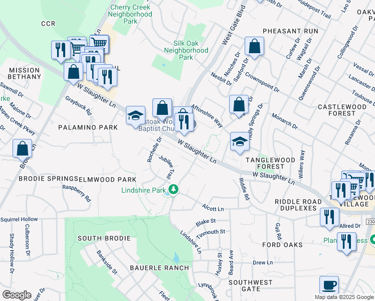 map of restaurants, bars, coffee shops, grocery stores, and more near 3003 West Slaughter Lane in Austin