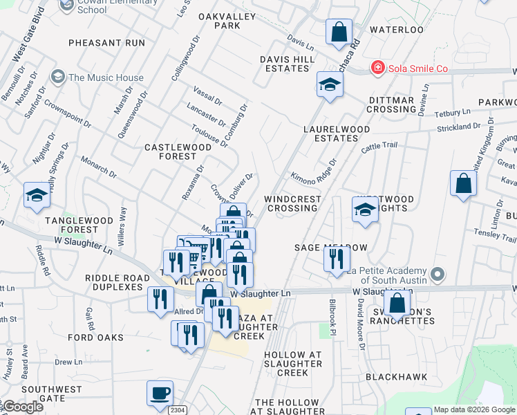 map of restaurants, bars, coffee shops, grocery stores, and more near 9400 Menchaca Road in Austin