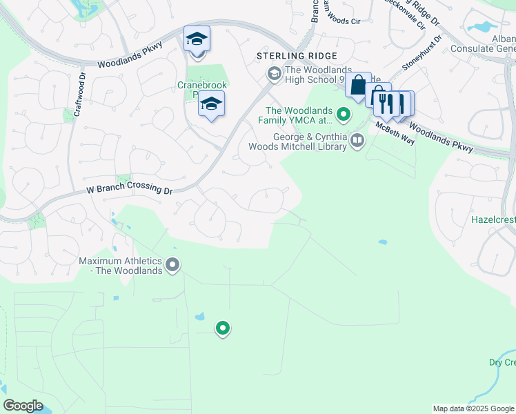 map of restaurants, bars, coffee shops, grocery stores, and more near 83 South Vesper Bend Circle in Spring