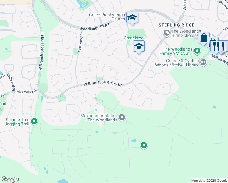 map of restaurants, bars, coffee shops, grocery stores, and more near 11 East Matisse Meadow Court in Spring