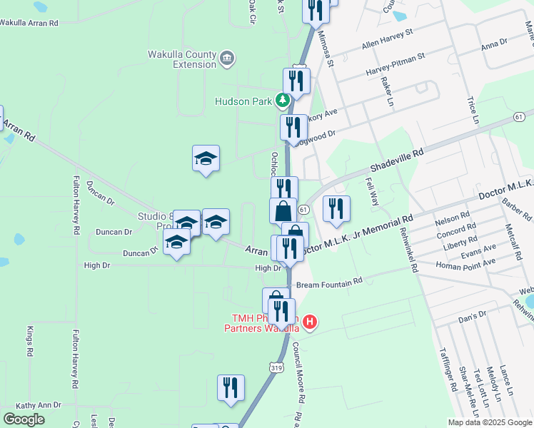 map of restaurants, bars, coffee shops, grocery stores, and more near 142 Ochlockonee Street in Crawfordville