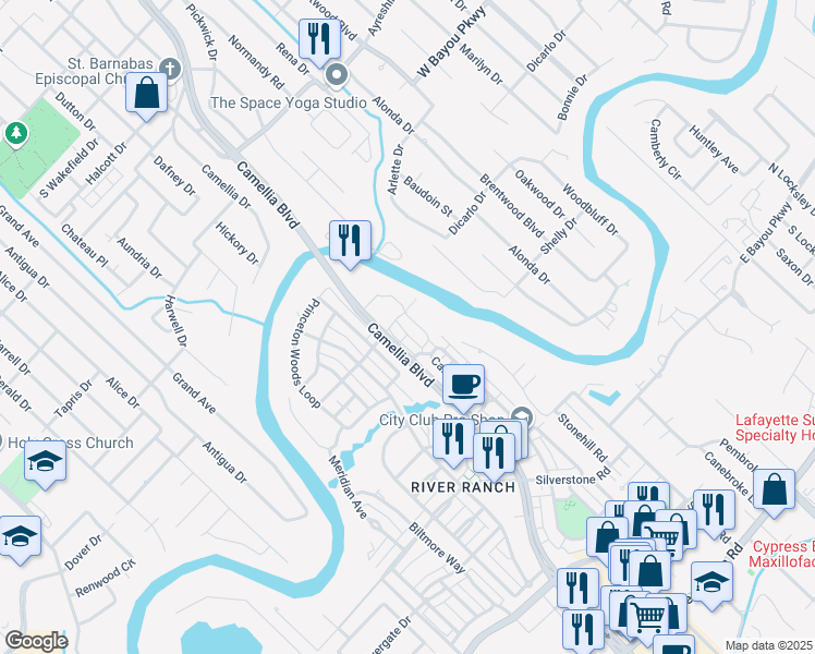 map of restaurants, bars, coffee shops, grocery stores, and more near 623 Elysian Fields Drive in Lafayette