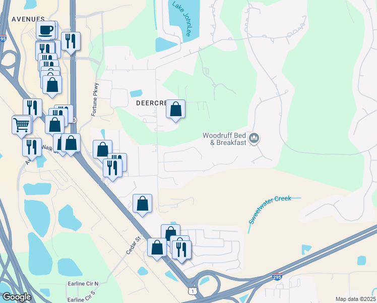 map of restaurants, bars, coffee shops, grocery stores, and more near 7605 Fawn Lake Drive North in Jacksonville