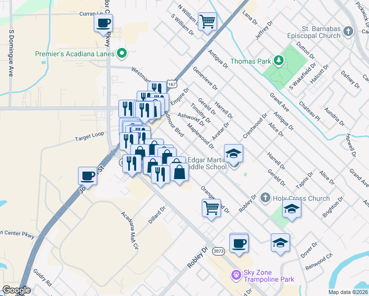 map of restaurants, bars, coffee shops, grocery stores, and more near 123 Elmwood Drive in Lafayette