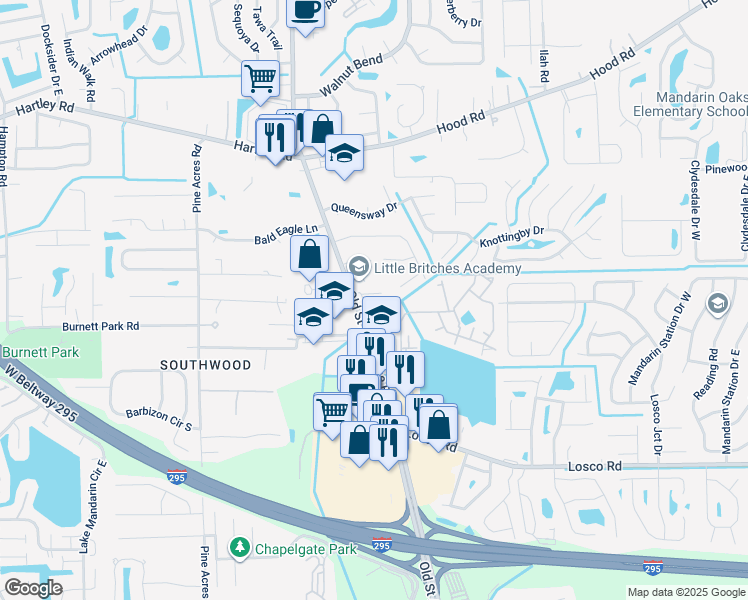 map of restaurants, bars, coffee shops, grocery stores, and more near 10875 Old Saint Augustine Road in Jacksonville
