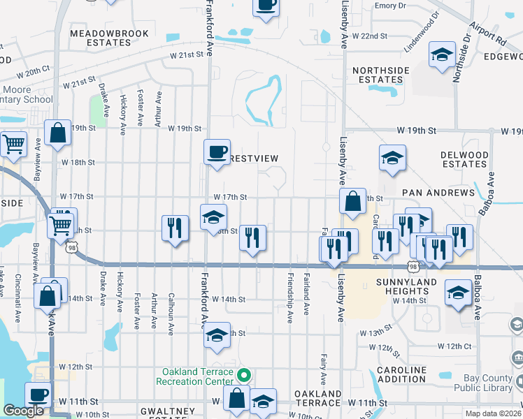map of restaurants, bars, coffee shops, grocery stores, and more near 1625 Flower Avenue in Panama City
