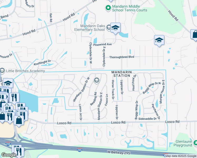 map of restaurants, bars, coffee shops, grocery stores, and more near 10844 Reading Road in Jacksonville
