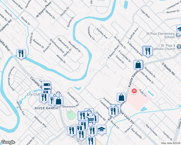 map of restaurants, bars, coffee shops, grocery stores, and more near 1400 East Bayou Parkway in Lafayette