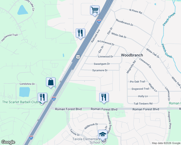 map of restaurants, bars, coffee shops, grocery stores, and more near 41 Sycamore Drive in New Caney