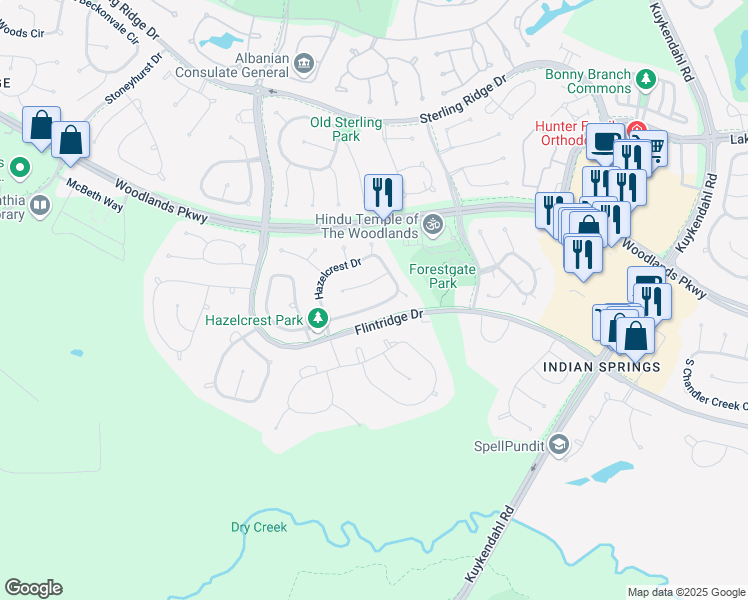 map of restaurants, bars, coffee shops, grocery stores, and more near 151 East Mirror Ridge Circle in Spring