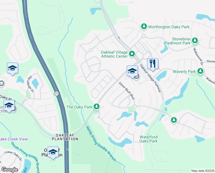 map of restaurants, bars, coffee shops, grocery stores, and more near 2 Silver Bluff Boulevard in Orange Park