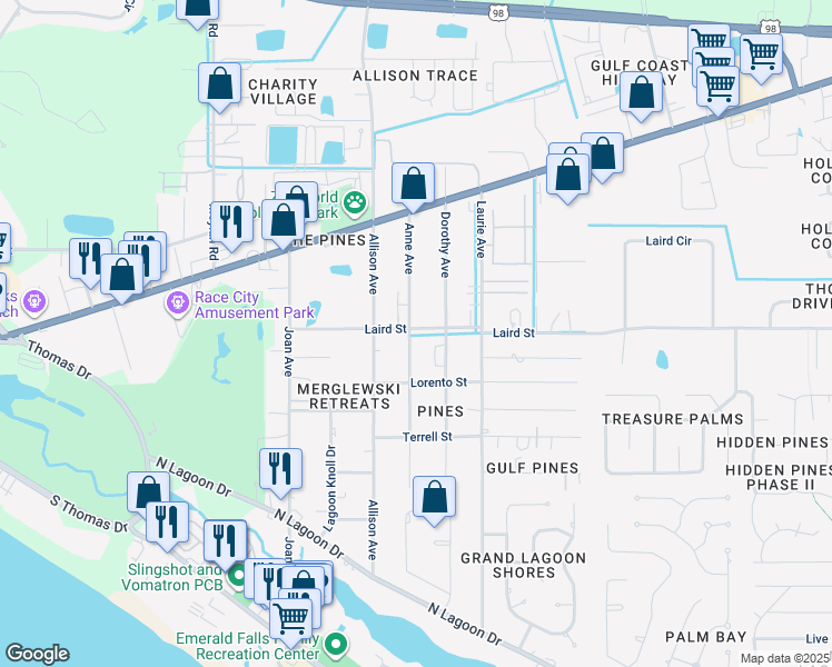 map of restaurants, bars, coffee shops, grocery stores, and more near 2302 Anne Avenue in Panama City Beach