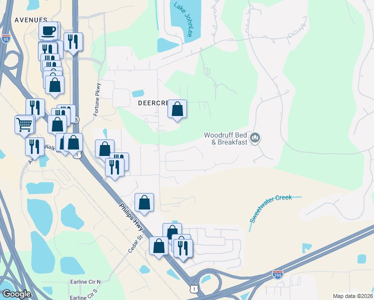 map of restaurants, bars, coffee shops, grocery stores, and more near 7605 Fawn Lake Drive North in Jacksonville