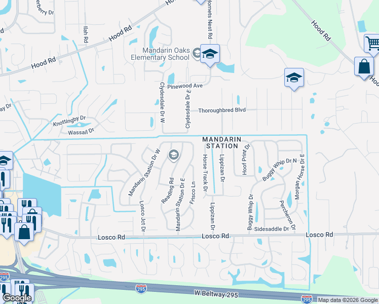 map of restaurants, bars, coffee shops, grocery stores, and more near 10839 Mandarin Station Drive East in Jacksonville