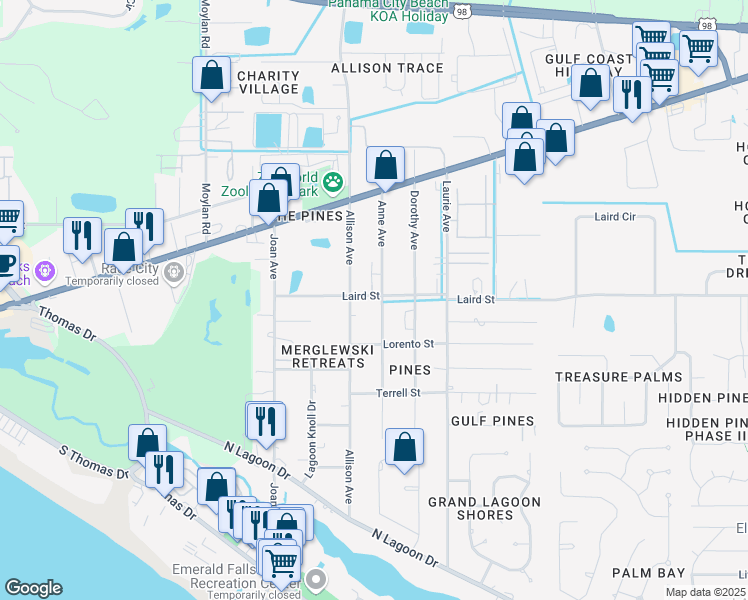 map of restaurants, bars, coffee shops, grocery stores, and more near 2302 Anne Avenue in Panama City Beach