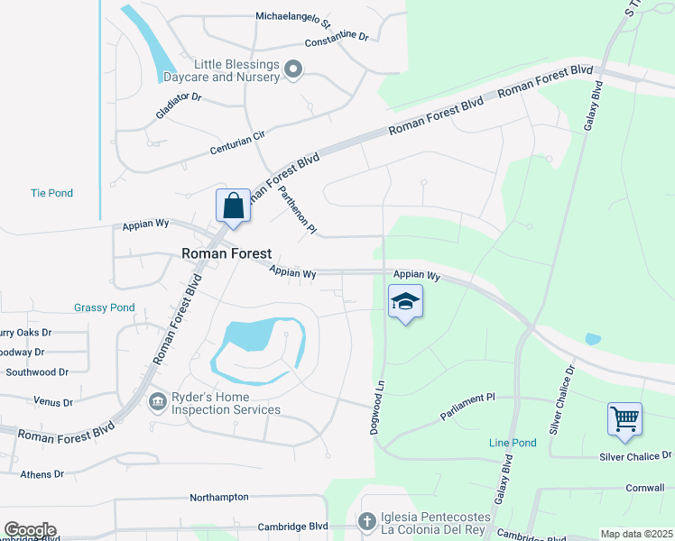 map of restaurants, bars, coffee shops, grocery stores, and more near 634 Magnolia Bend in Roman Forest