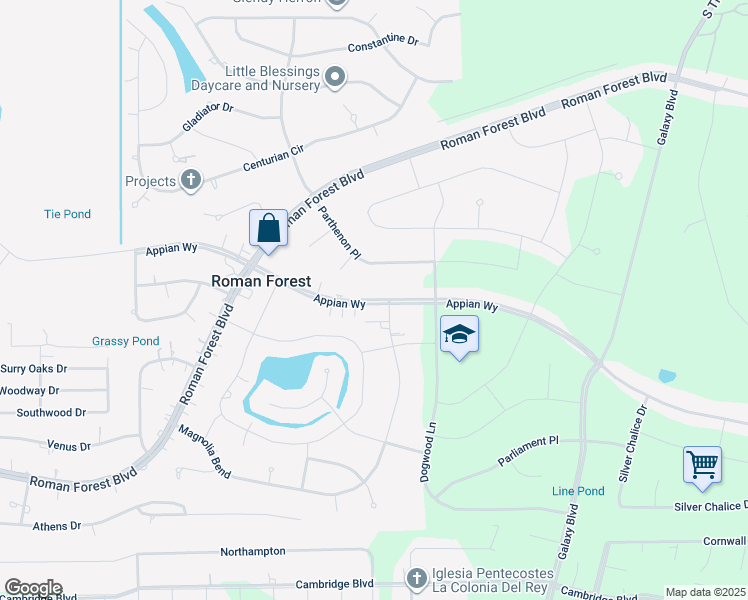map of restaurants, bars, coffee shops, grocery stores, and more near 634 Magnolia Bend in Roman Forest
