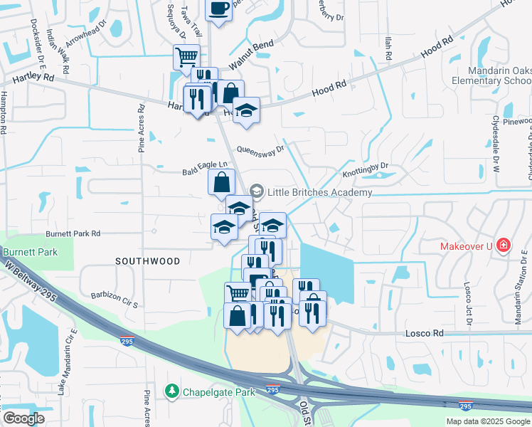 map of restaurants, bars, coffee shops, grocery stores, and more near 10875 Old Saint Augustine Road in Jacksonville