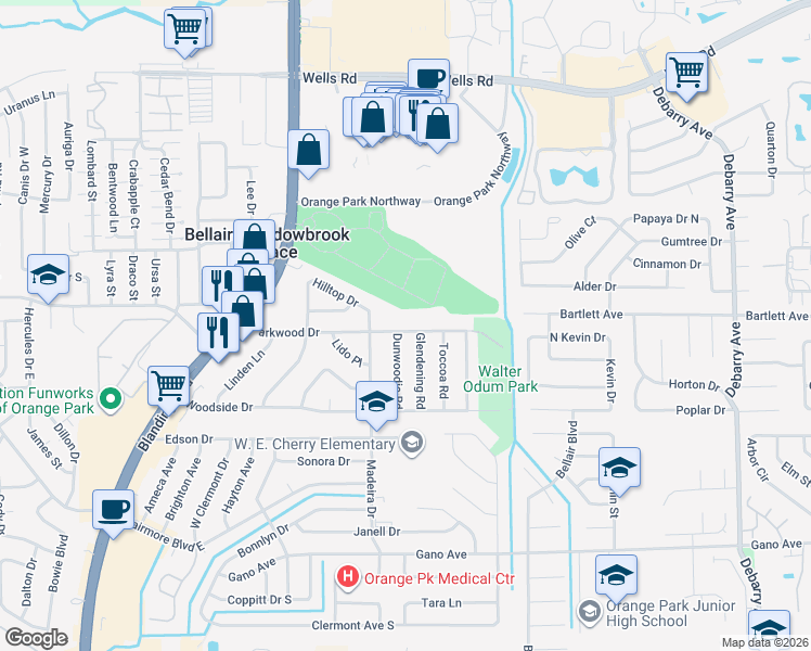 map of restaurants, bars, coffee shops, grocery stores, and more near 411 Parkwood Drive in Orange Park