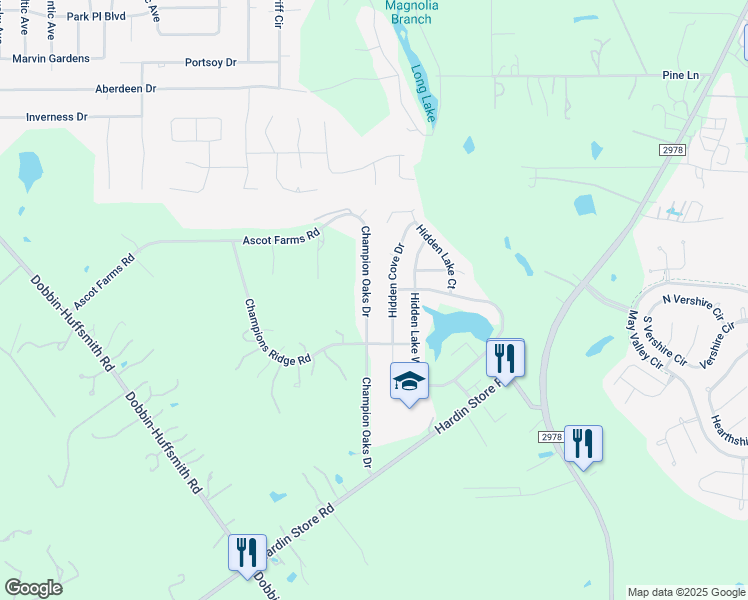 map of restaurants, bars, coffee shops, grocery stores, and more near 28802 Champion Oaks Drive in Magnolia