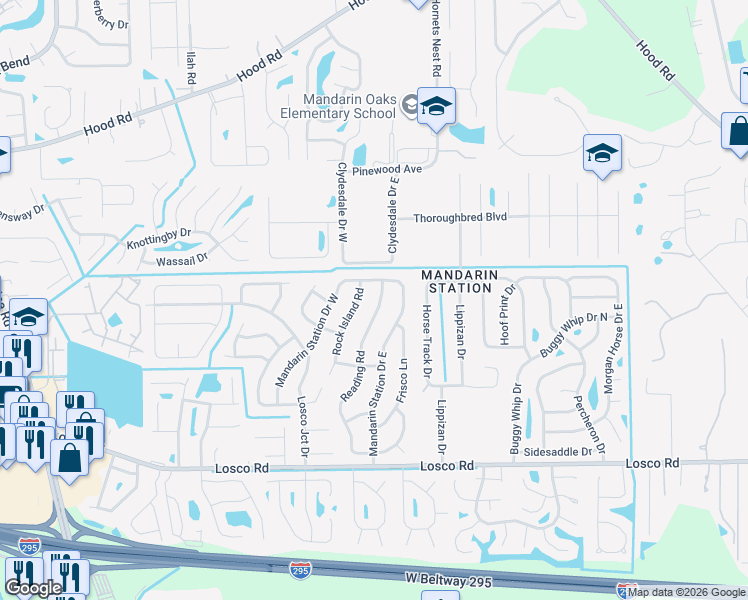 map of restaurants, bars, coffee shops, grocery stores, and more near 10844 Reading Road in Jacksonville