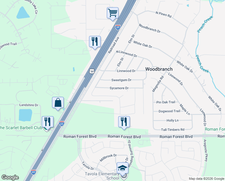 map of restaurants, bars, coffee shops, grocery stores, and more near 41 Sycamore Drive in New Caney