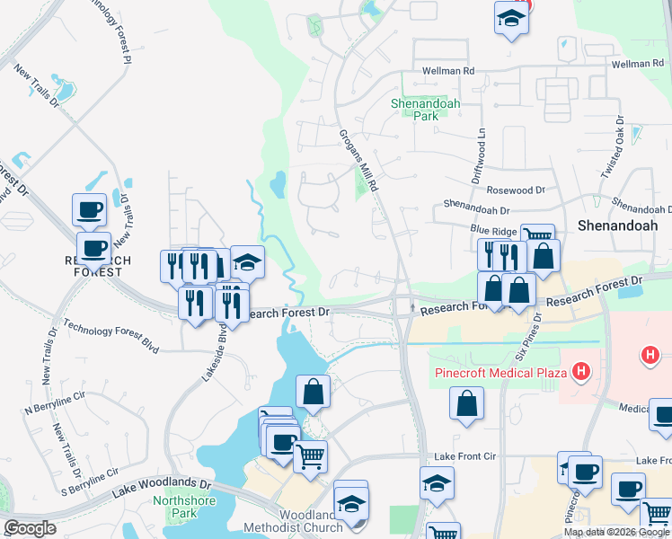 map of restaurants, bars, coffee shops, grocery stores, and more near 42 Prosewood Drive in Spring