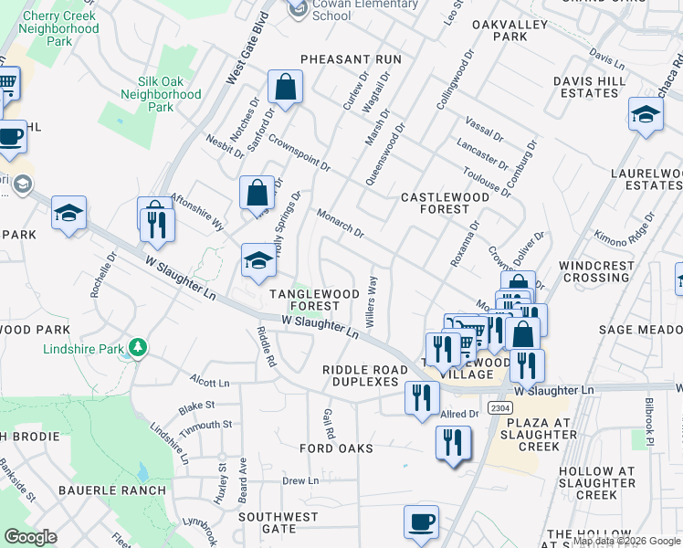 map of restaurants, bars, coffee shops, grocery stores, and more near 9810 Briar Ridge Drive in Austin
