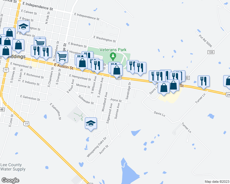 map of restaurants, bars, coffee shops, grocery stores, and more near 14 Edgewood Avenue in Giddings