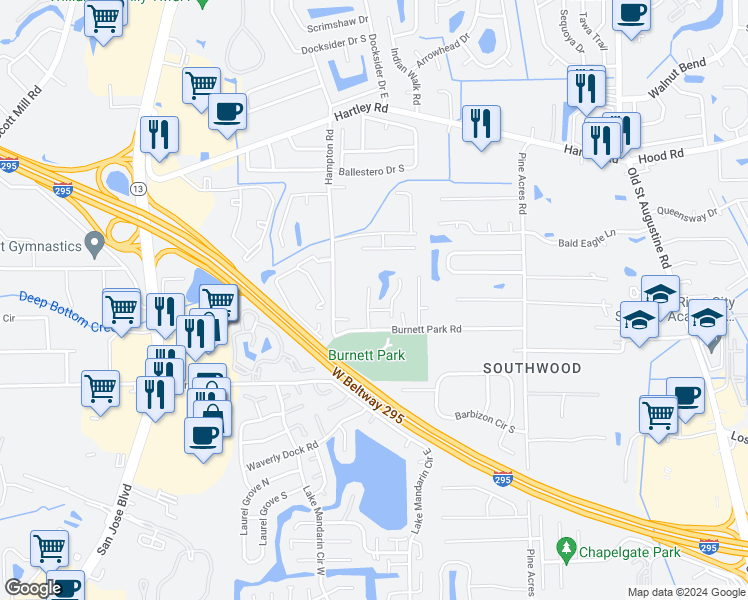 map of restaurants, bars, coffee shops, grocery stores, and more near 10845 Carrington Court in Jacksonville