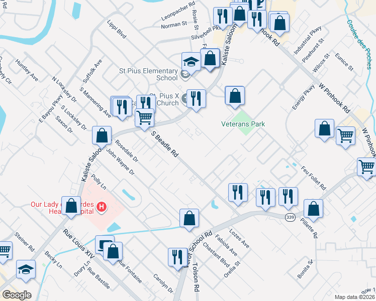 map of restaurants, bars, coffee shops, grocery stores, and more near 145 South Beadle Road in Lafayette