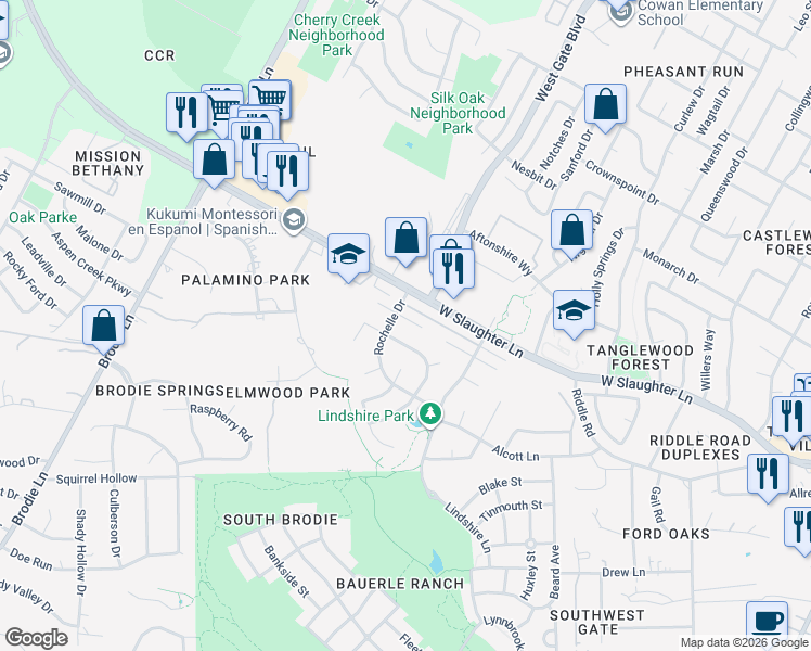 map of restaurants, bars, coffee shops, grocery stores, and more near 3015 Foxton Cove in Austin