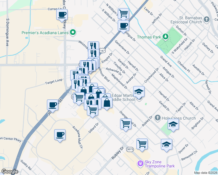 map of restaurants, bars, coffee shops, grocery stores, and more near 123 Elmwood Drive in Lafayette