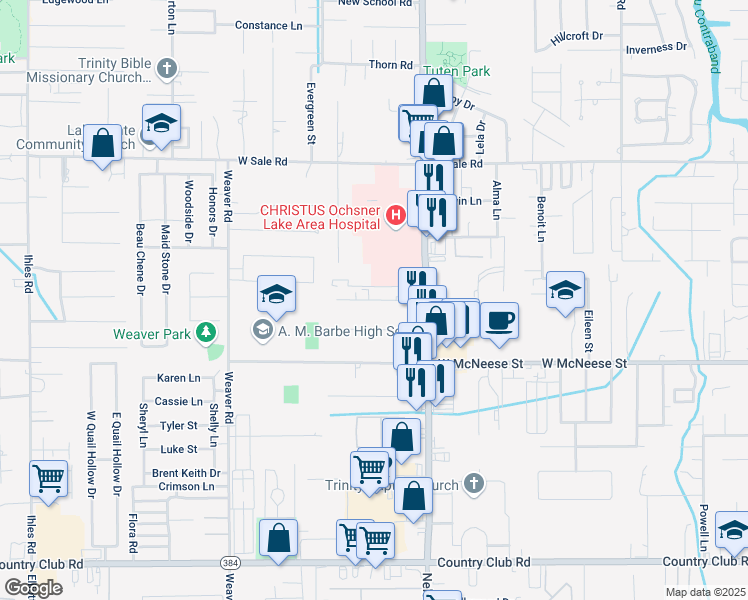 map of restaurants, bars, coffee shops, grocery stores, and more near 2021 Southwood Drive in Lake Charles