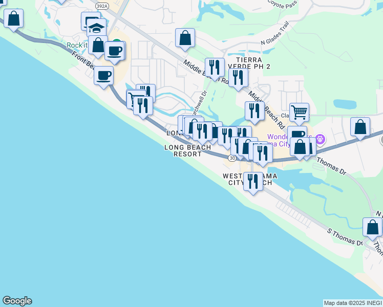 map of restaurants, bars, coffee shops, grocery stores, and more near 10519 Front Beach Road in Panama City Beach